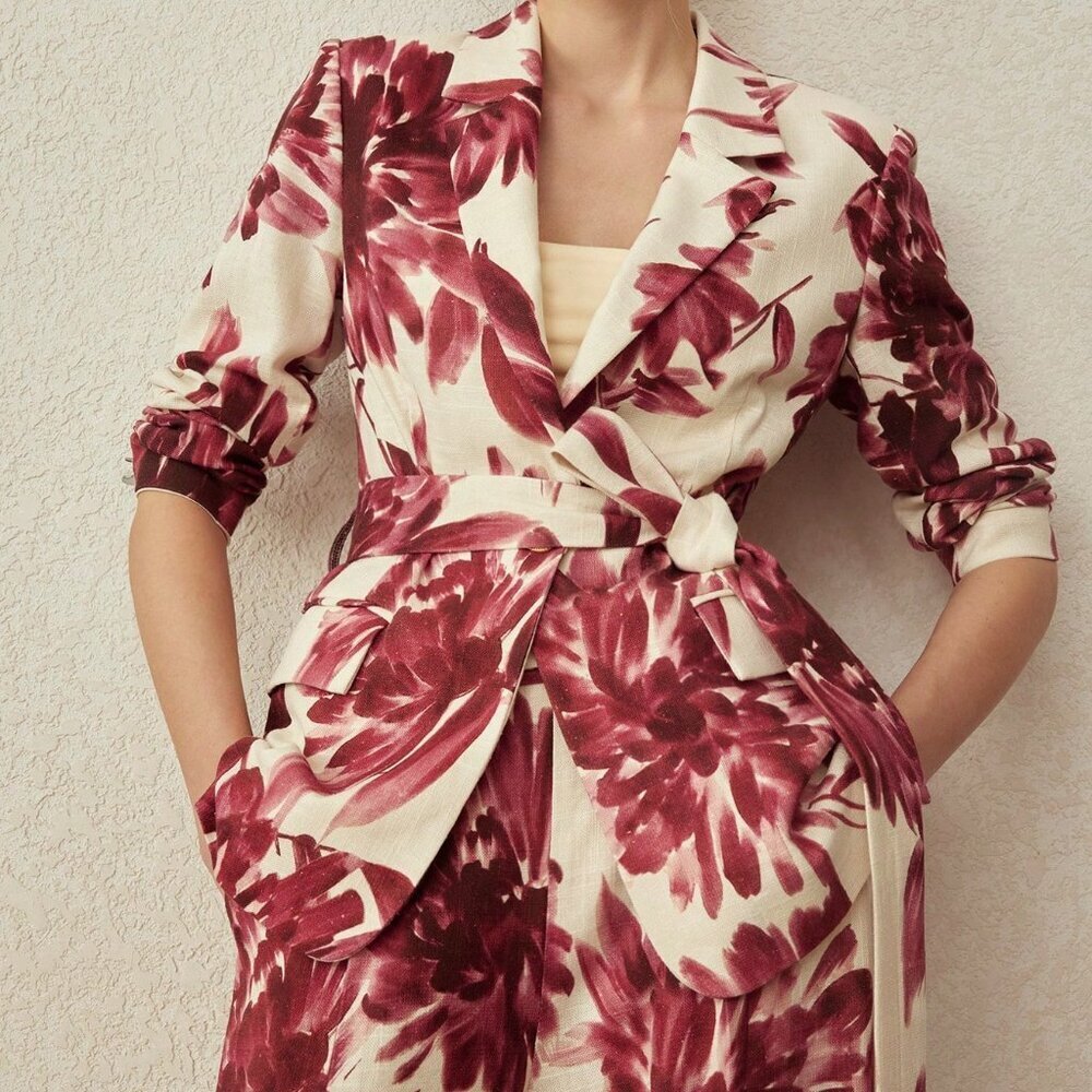 Burgundy Casual Women's Minimalist Elegant Floral Print Blazer